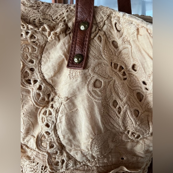 Free People Carmel Tan Lace Tote Bag Purse Boho Cottagecore Lagenlook - Picture 3 of 16